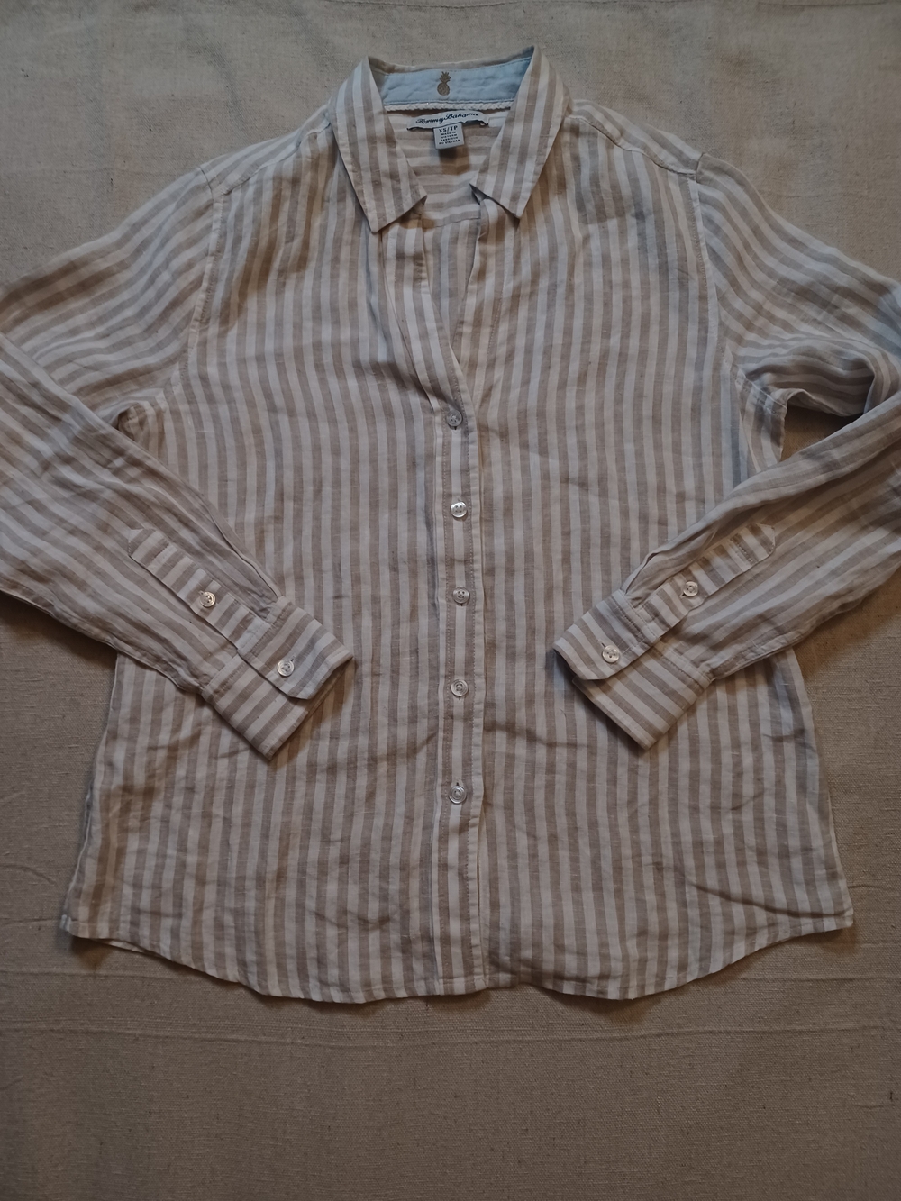 Tommy Bahama Beige and White Striped Linen Button-Up Blouse Women's Size XS